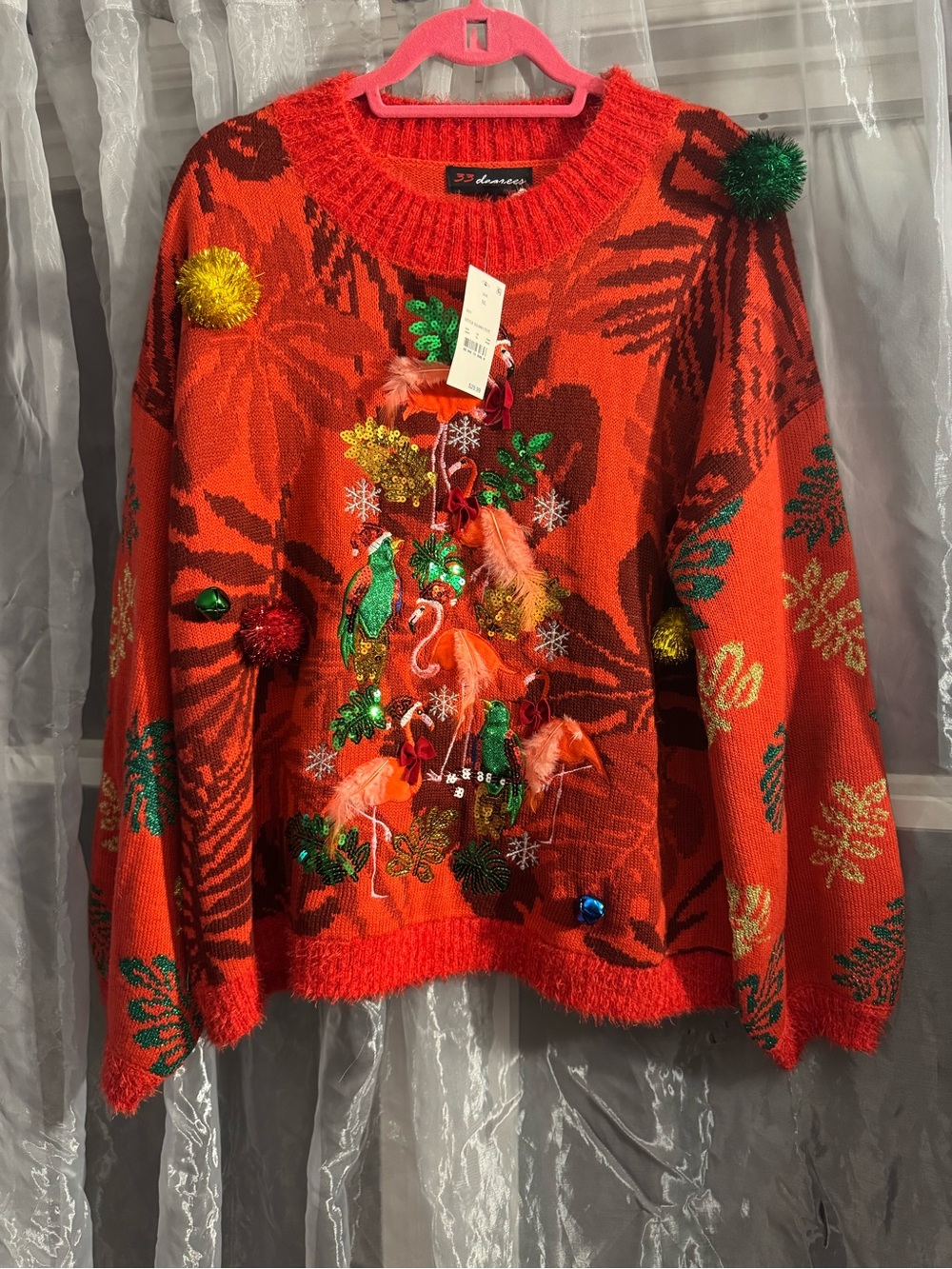 Ugly Christmas Flamingos Red Holiday Sweater With Bells & Pom Poms